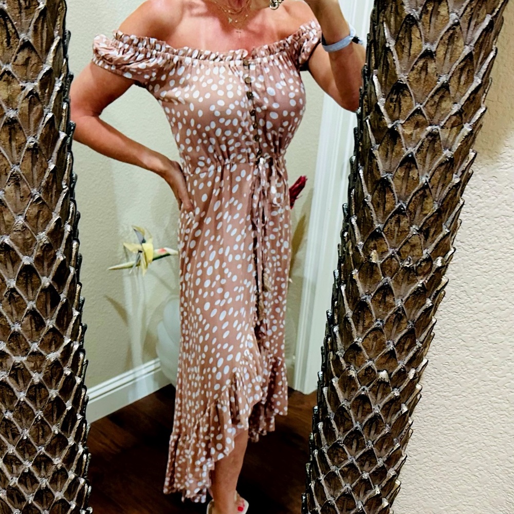 Tiare Hawaii Tan and White Polka Dot High Low Dress